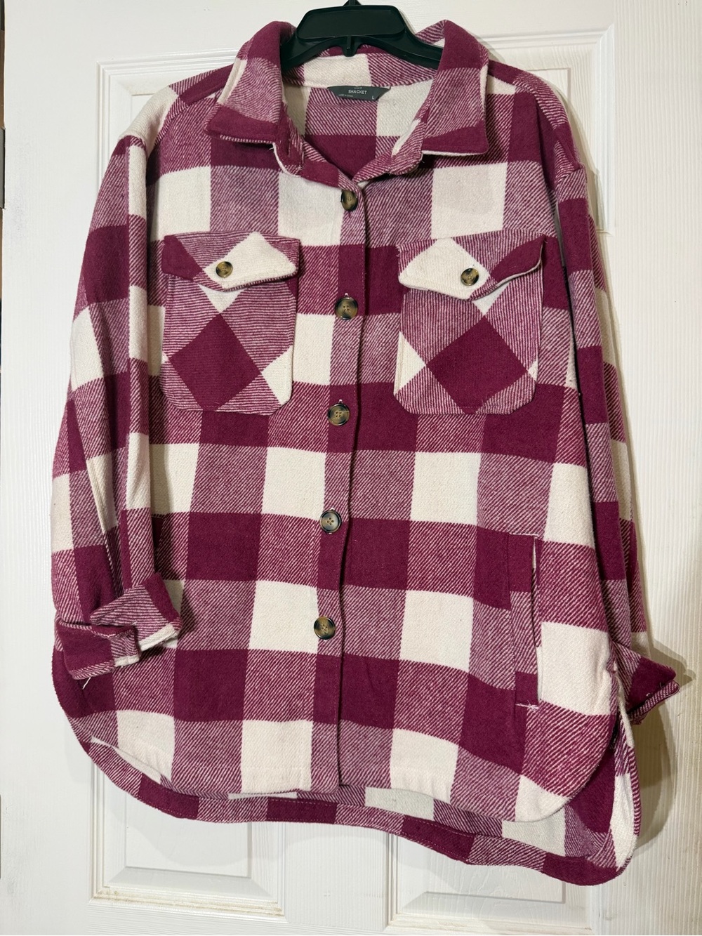 Plaid Button-Front Shacket in Berry and Cream